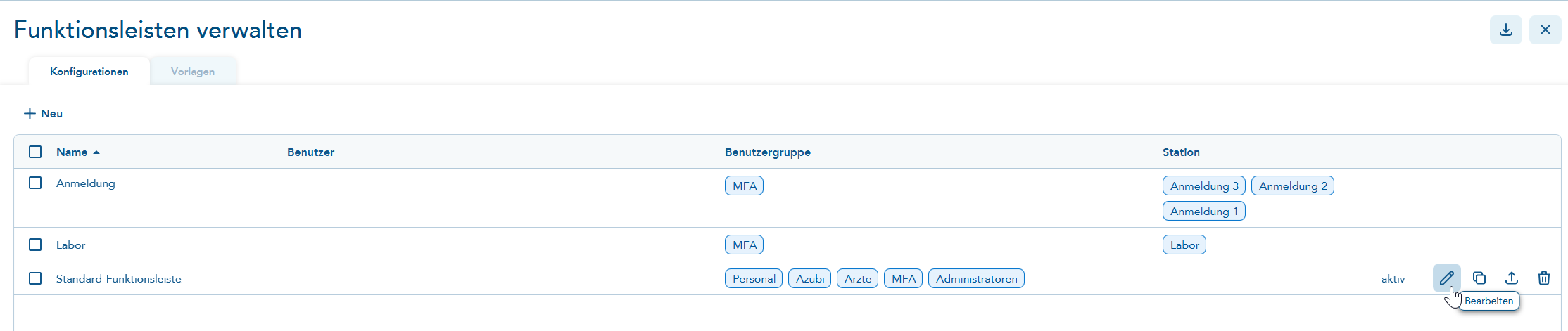 Funktionsleisten anpassen über vier Symbole