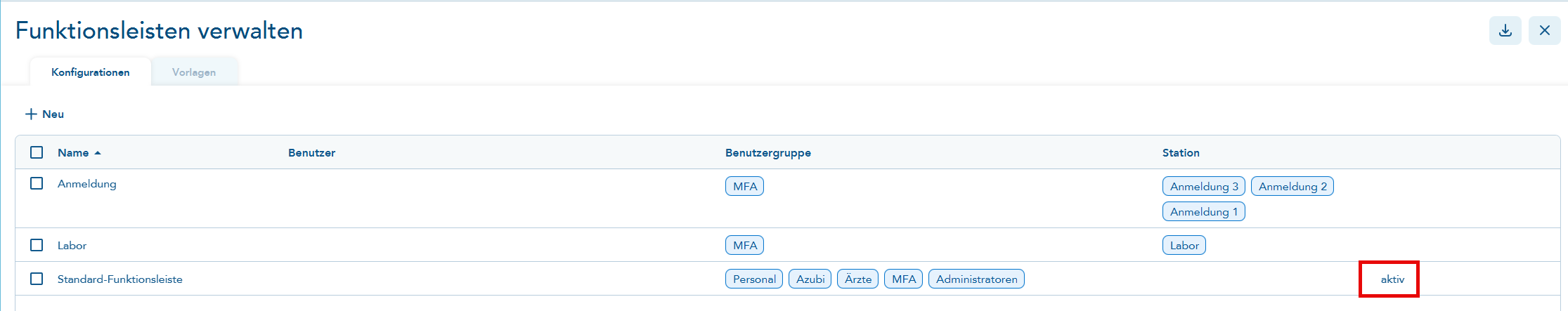 Funktionsleiste Kennzeichnung aktiv