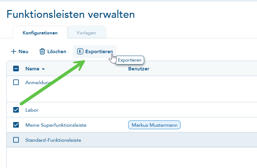 mehrere Funktionsleisten exportieren
