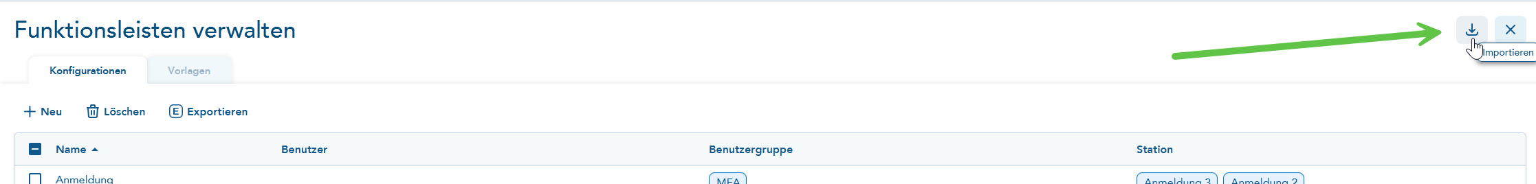 Import der Funktionsleiste
