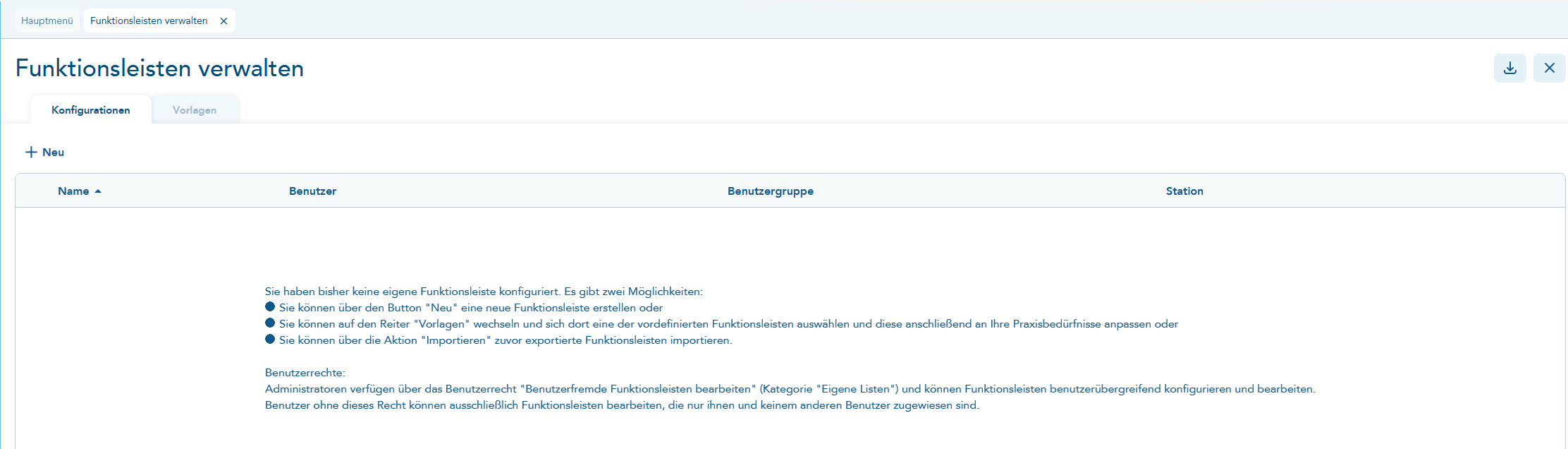 Funktionsleisten verwalten leer