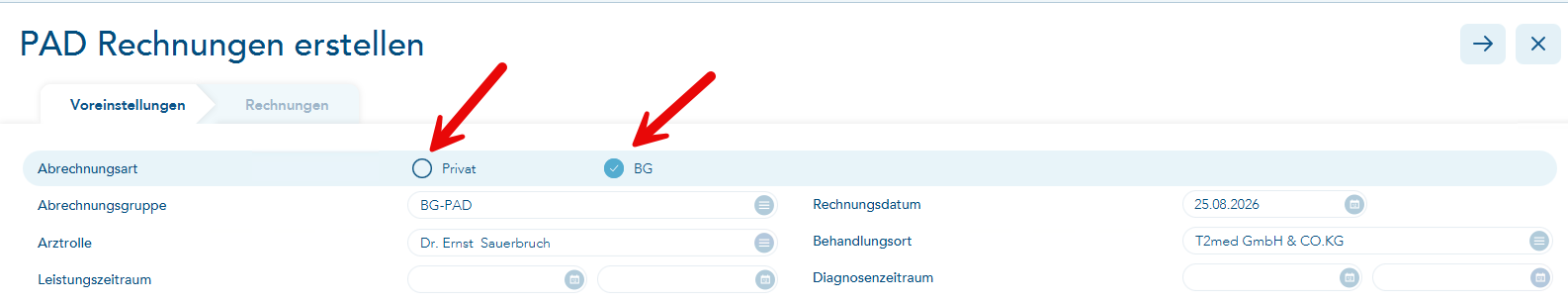 Das Bild zeigt den Vorgang PAD Rechnungen erstellen und zwei rote Pfeile verweisen auf die Auswahlpunkte Privat und BG