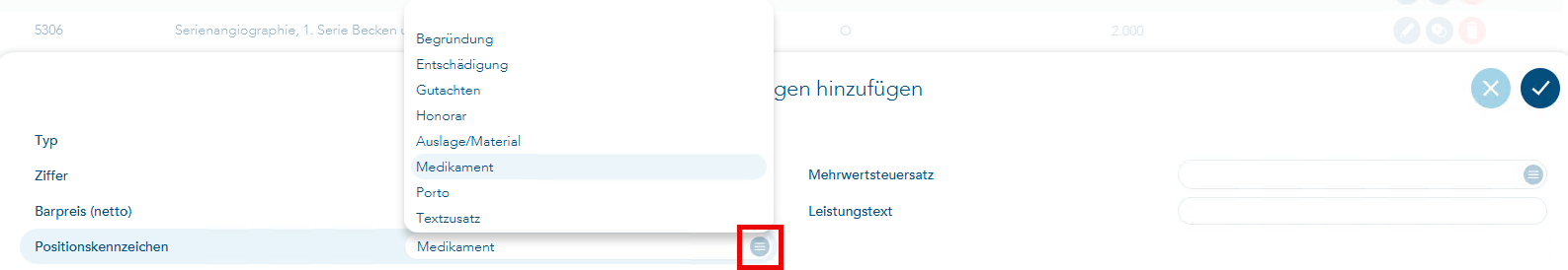 Anicht der Auswahl der Positionskennzeichen und rot umrandeter Button zum Öffnen der Auswahl