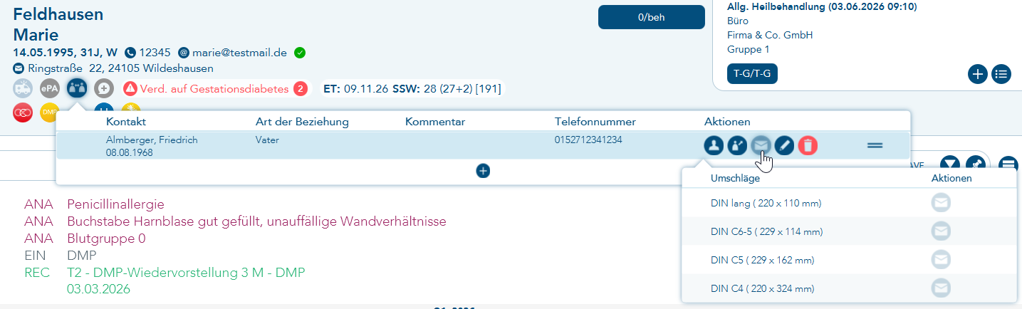 Briefumschlag-Button innerhalb Auswahl der Beziehungen