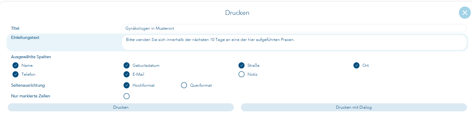 Titel und Einleitungstext für Druckauswahl