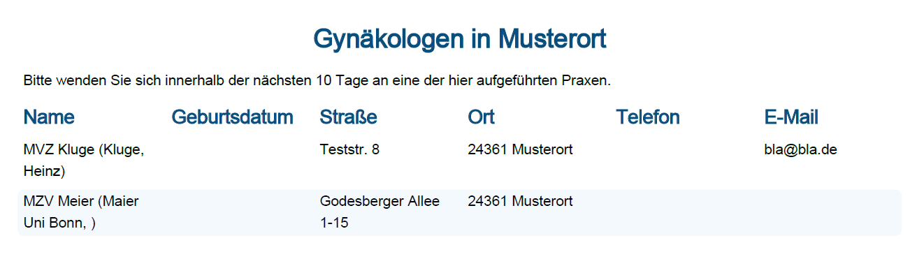 Ansicht der ausgedruckten Liste