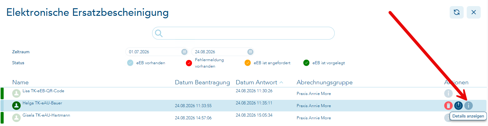 Das Bild zeigt die Übersicht der eEB und ein roter Pfeil verweist auf das i in der Spalte Aktionen