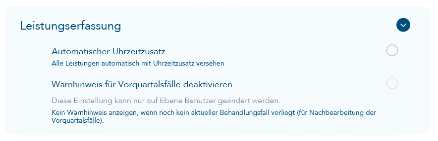 Einstellungen zur Leistungserfassung von EBM-Ziffern bezüglich Ziffernzusatz Uhrzeit und Warnhinweis für Vorquartalsfälle deaktivieren