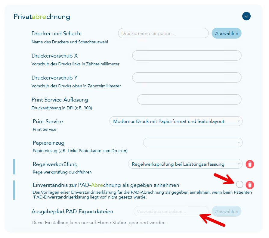 Einstellungen zur PAD-Abrechnung mit Pfeil auf die Einstellung zum Vorliegen der Einverständniserklärung und des Ausgabepfades für die PAD-Exportdateien