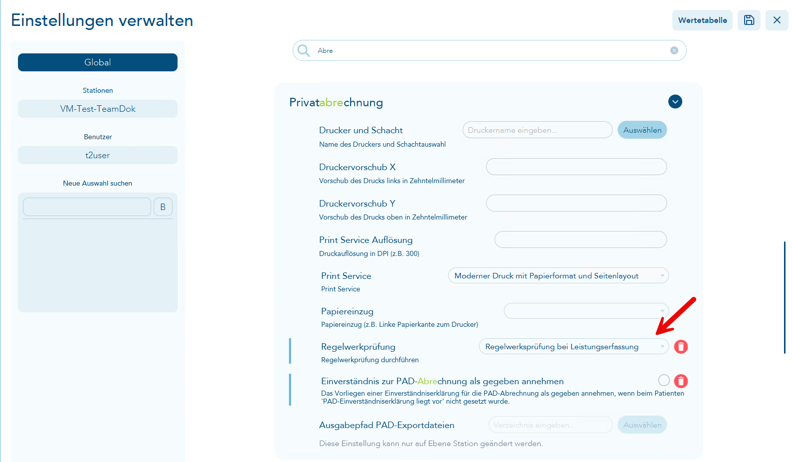 Einstellungen zur Privatabrechnung mit Pfeil auf die Regelwerksprüfung für die Leistungserfassung in der eAkte