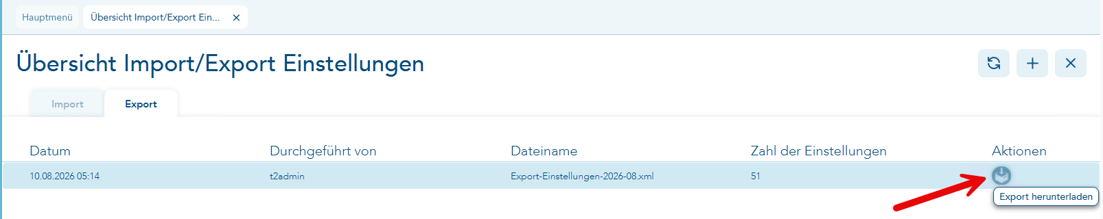 Bild der Übersicht Import/Export Einstellungen mit Pfeil auf Downloadbutton rechts in der Tabellenaktion