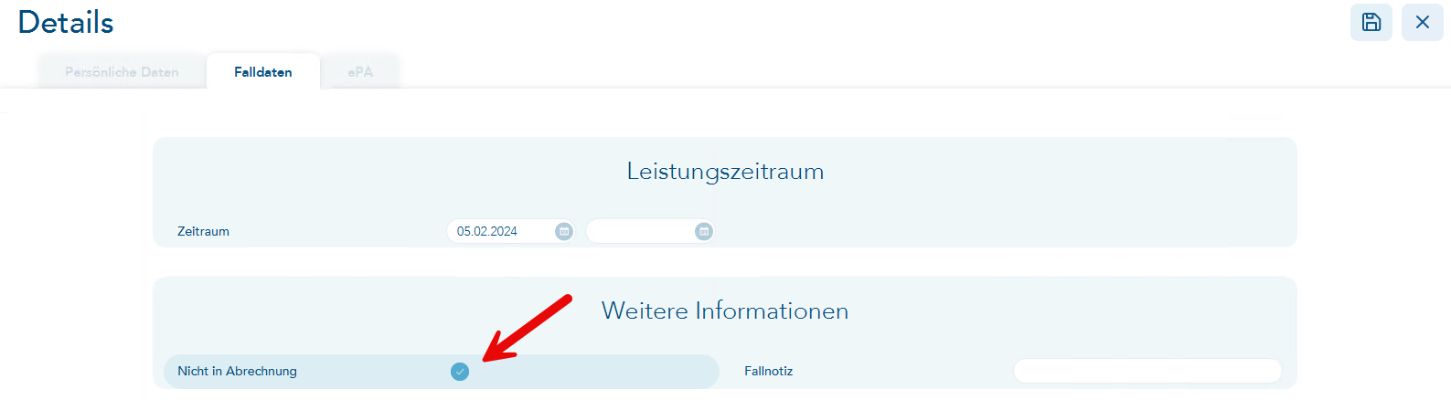 Ansicht der Falldaten Bereich Weitere Informationen zum Setzen der Markierung nicht in Abrechnung