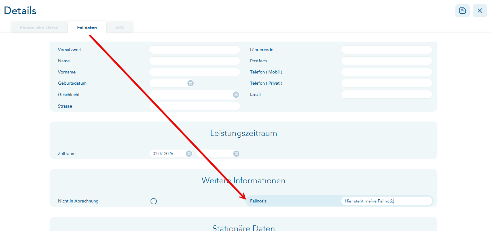 Fallnotiz in den Falldaten