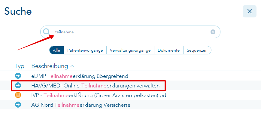 Suche nach Wort teilnahme