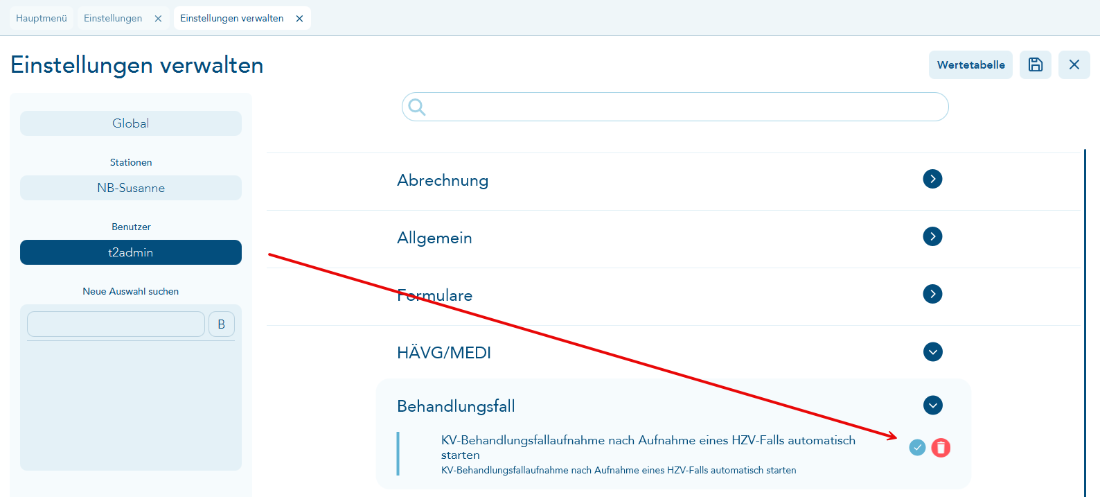 Einstellungspunkt "KV-Behandlungsfallaufnahme nach Aufnahme eines HZV-Falls automatisch starten"