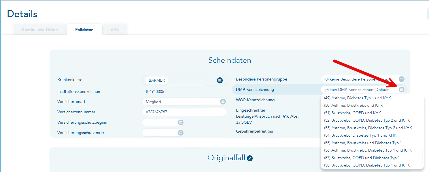 Auswahl der DMP-Kennzeichen in den Falldaten