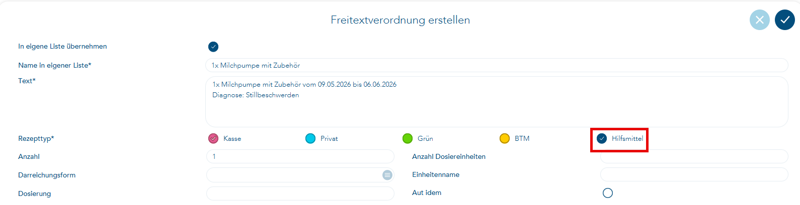 Feld Hilfsmittel bei Freitextverordnung