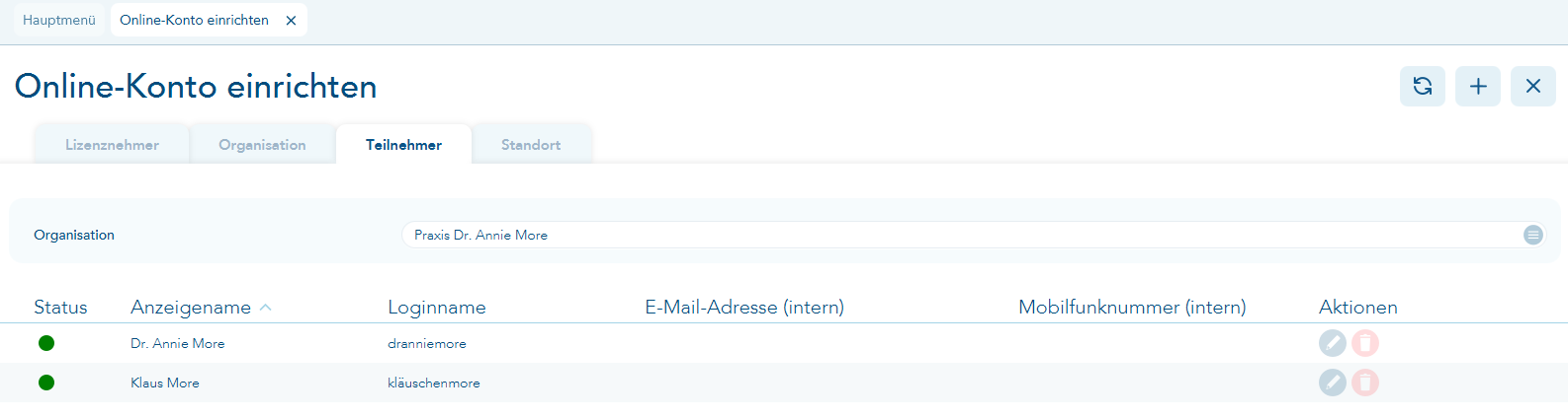 Teilnehmer unter Online-Konto einrichten