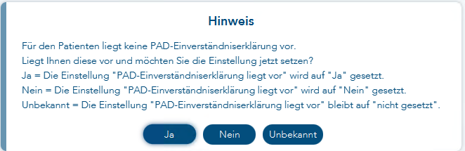 Das Bild zeigt die Hinweismeldung zur fehlenden Einverständniserklärung