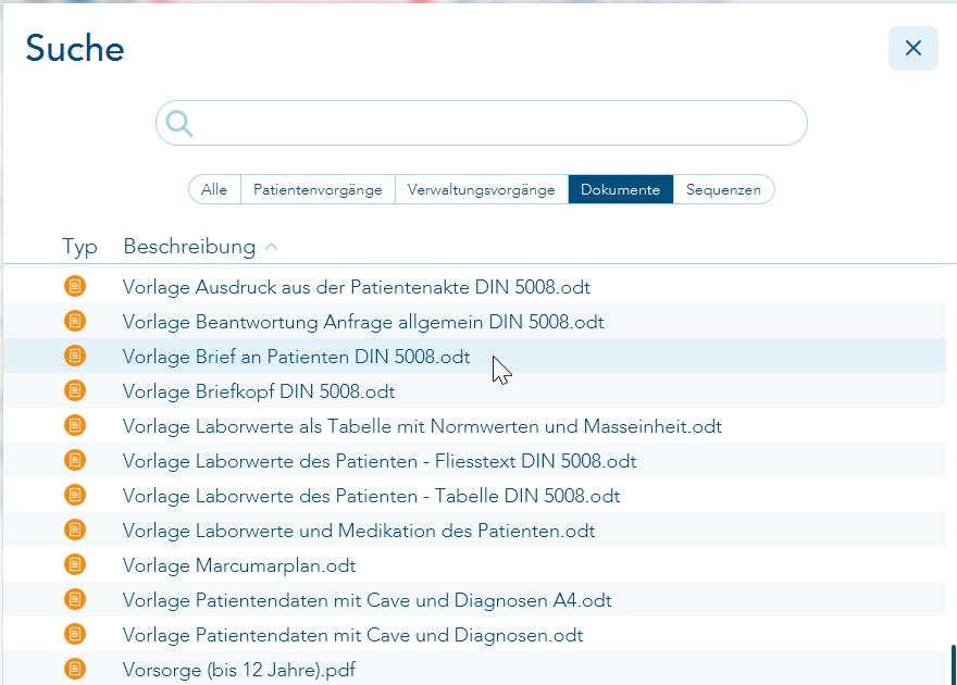 Vorlage in der Dokumentensuche auswählen