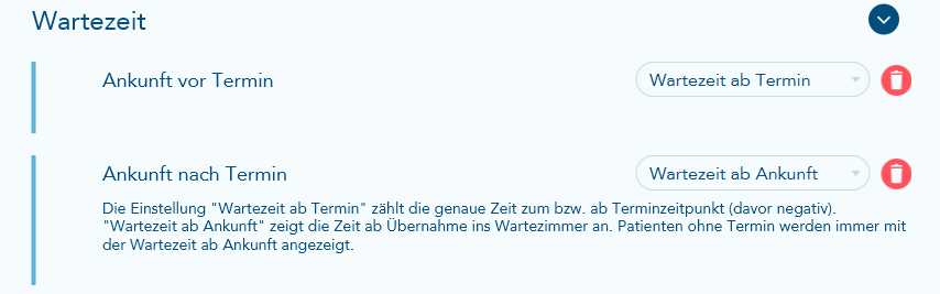 Einstellung Wartezeit Ankunft vor Termin und nach Termin