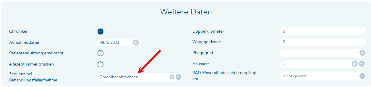 in Patientendetails Sequenz bei Behandlungsfallaufnahme auswählen