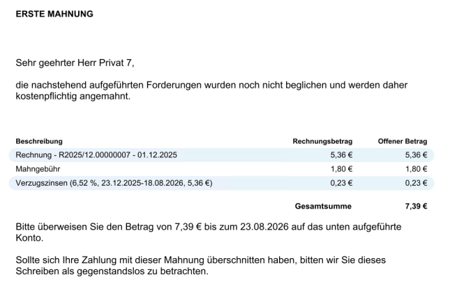 Das Bild zeigt den Auszug einer Mahnung mit Ausgabe der Mahngebühr und der Verzugszinsen 