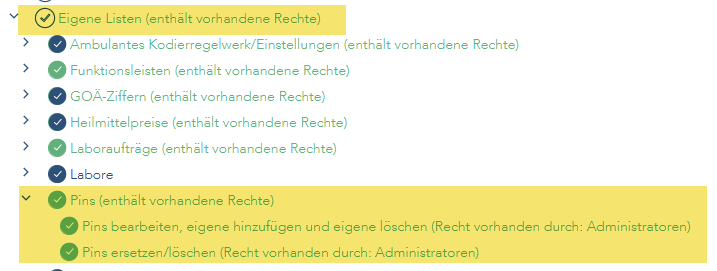 Das Bild zeigt den Bereich in der Benutzerverwaltung - Eigene Listen - Pins mit aktiven Berechtigungen