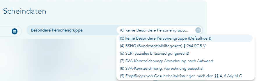 Das Bild zeigt die Scheindaten des Patienten und die Auswahl der Besonderen Personengruppe ist geöffnet