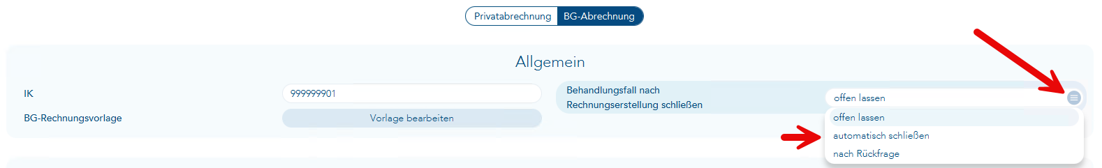 Das Bild zeigt die Voreinstellung Vorlage bearbeiten, die Auswahl für die Parameter zum Schließen des Behandlungsfalles ist geöffnet und ein roter Pfeil verweist auf den Auswahlbutton zum Öffnen der Auswahl. Ein zweiter roter Pfeil verweist auf die Einstellung automatisch schließen