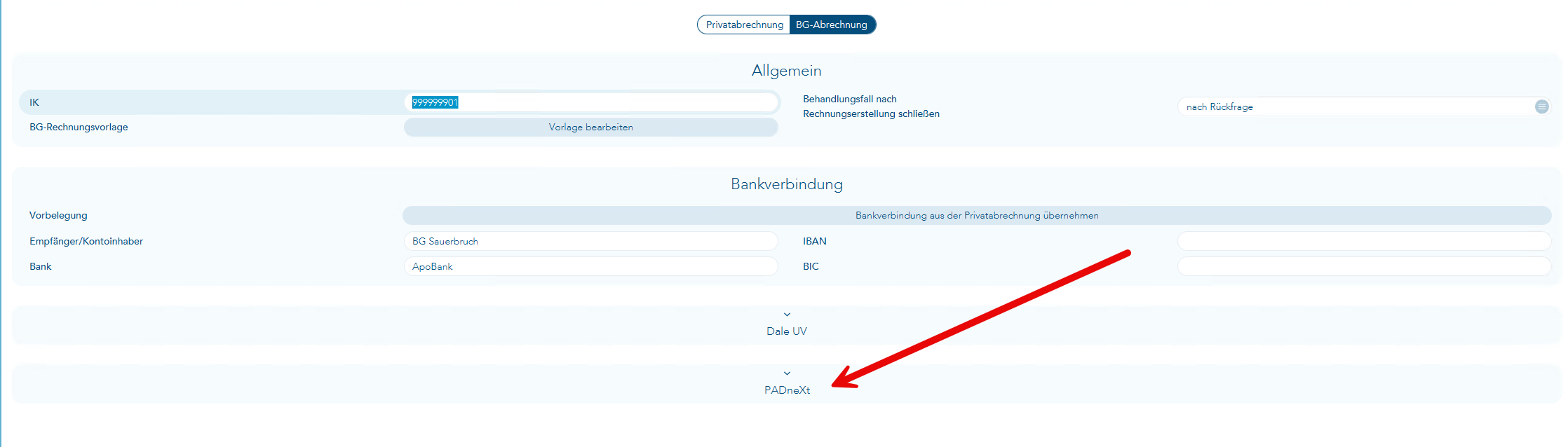 Das Bild zeigt den Bereich unter dem Reiter BG-Abrechnung und ein roter Pfeil zeigt auf den Bereich PADneXt
