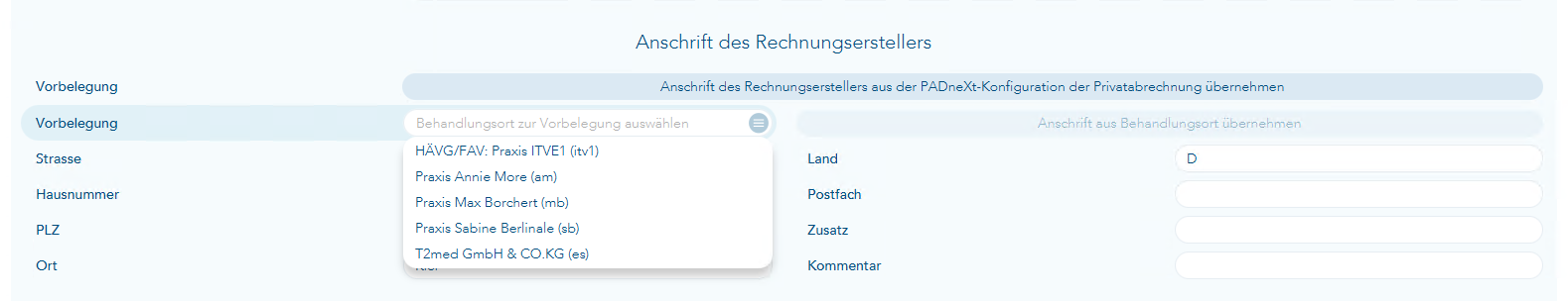 Das Bild zeigt die Angaben zum Rechnungsersteller im Bereich PADneXt und für die Vorbelegung ist die Auswahl geöffnet