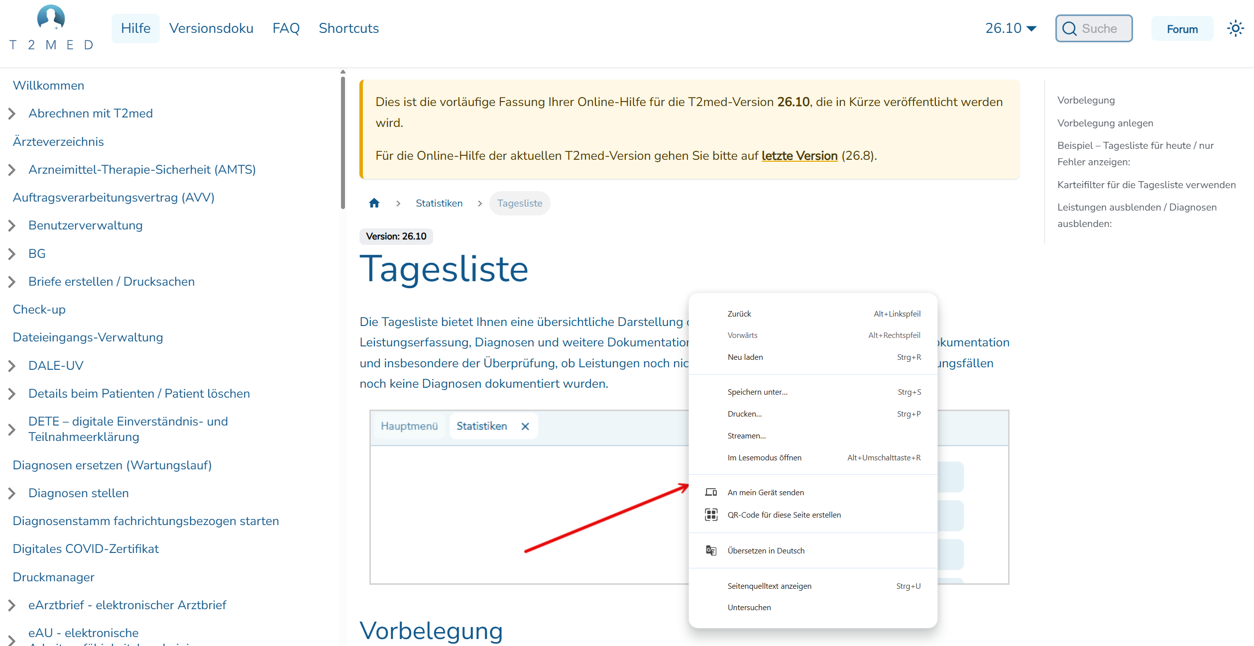 Das Bild zeigt die im Chrome-Browser geöffnete T2med-Hilfeseite der Tagesliste mit dem geöffneten Anwendungsmenü und dem Menüpunkt zum Drucken