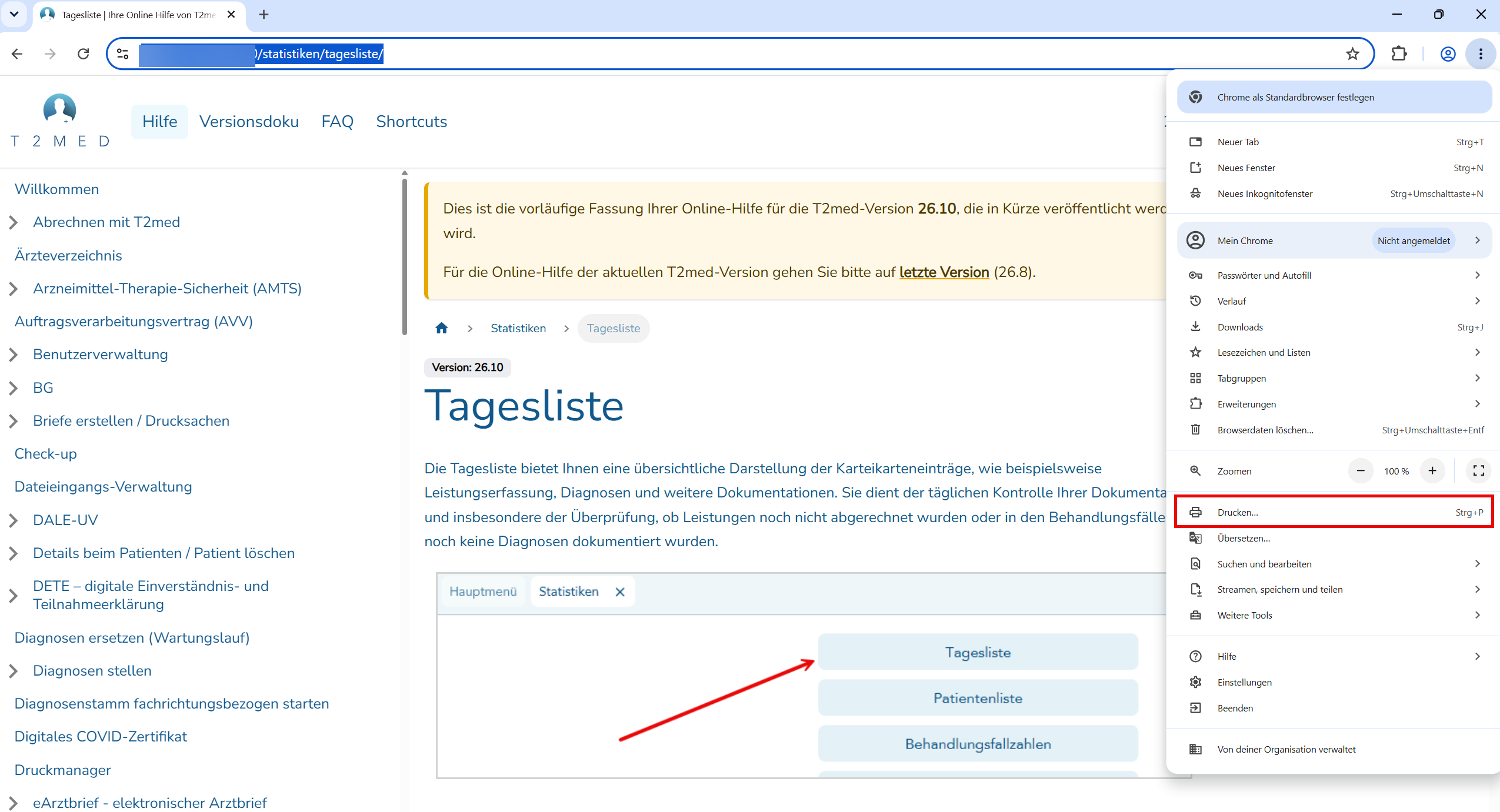 Das Bild zeigt die im Chrome-Browser geöffnete T2med-Hilfeseite der Tagesliste.Das Anwendungsmenü ist geöffnet. In dem geöffneten Anwendungsmenü ist der Menüpunkt zum Drucken rot umrandet.