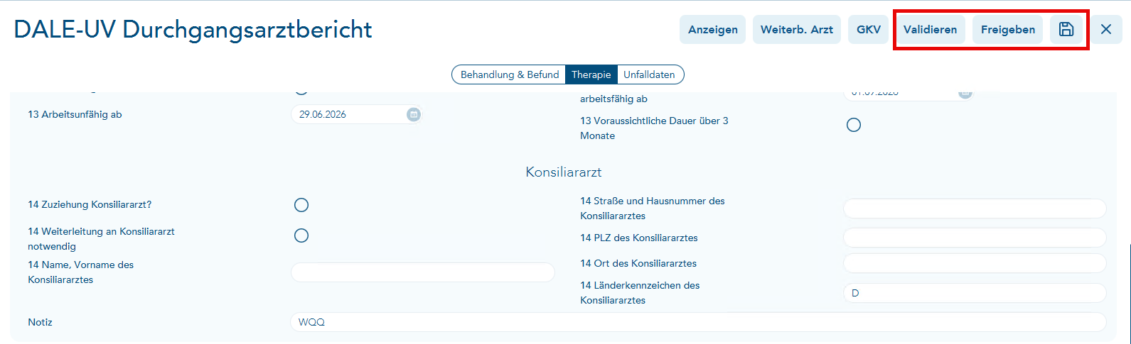 Das Bild zeigt den DALE-UV-Bericht und oben rechts sind die Aktionsbuttons Validieren, Freigeben und Speichern rot umrandet