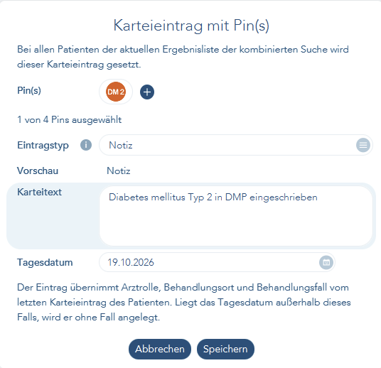 Das Bild zeigt den Dialog zum Setzen von Pins am Karteieintrag aus der Ergebnisliste der kombinierten Suche