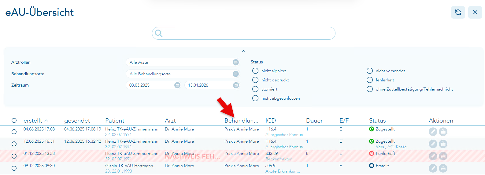 Spalte Behandlungsort in eAU-Übersicht