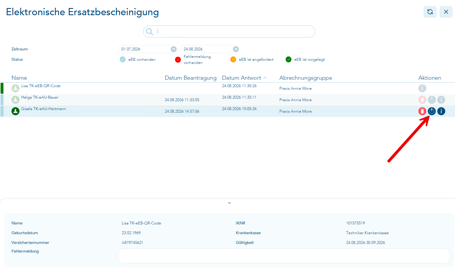 Das Bild zeigt die eEB-Übersicht und ein roter Pfeil verweist auf den Aktionsbutton eEB vorlegen in der Spalte Aktionen