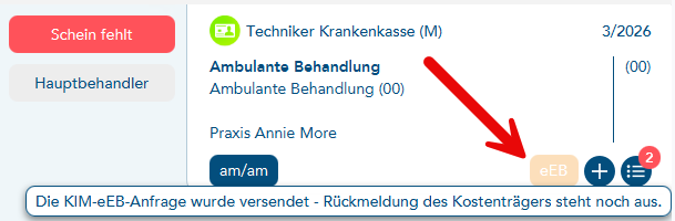 Das Bild zeigt einen orangefarbenen eEB-Button in den Falldaten des Patienten ein roter Pfeil verweist auf diesen Button