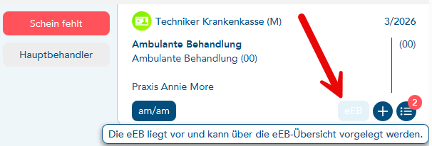 Das Bild zeigt einen blass blauen eEB-Button in den Falldaten des Patienten ein roter Pfeil verweist auf diesen Button