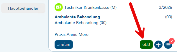 Das Bild zeigt einen grünen eEB-Button in den Falldaten des Patienten und ein roter Pfeil verweist auf diesen Button