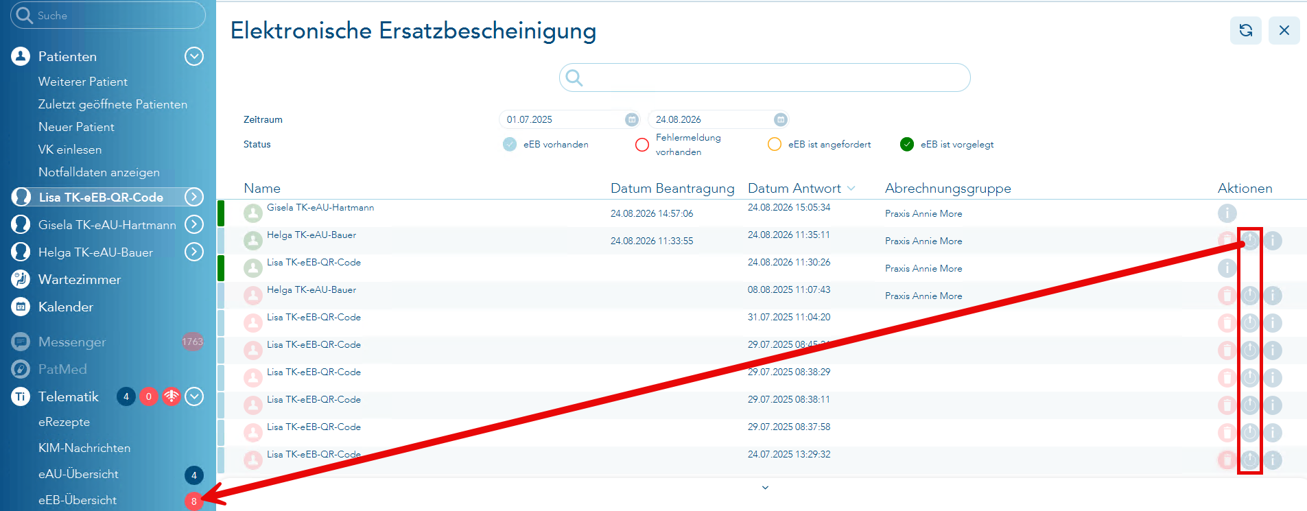 Das Bild zeigt den Aktionsbutton in der Tabelle und ein roter Pfeil verweist auf die Zahl im linken Menü im Bereich Telematik- eEB-übersicht. In der eEB-Übersicht rot umrahmt sind hier die eEBs, die noch vorgelegt werden können