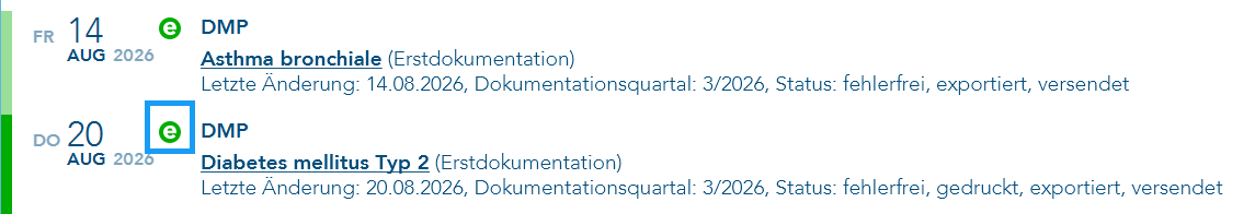 Das Bild zeigt den eAkten-Eintrag mit e-Icon und Status „versendet" und das e-Icon ist blau umrandet