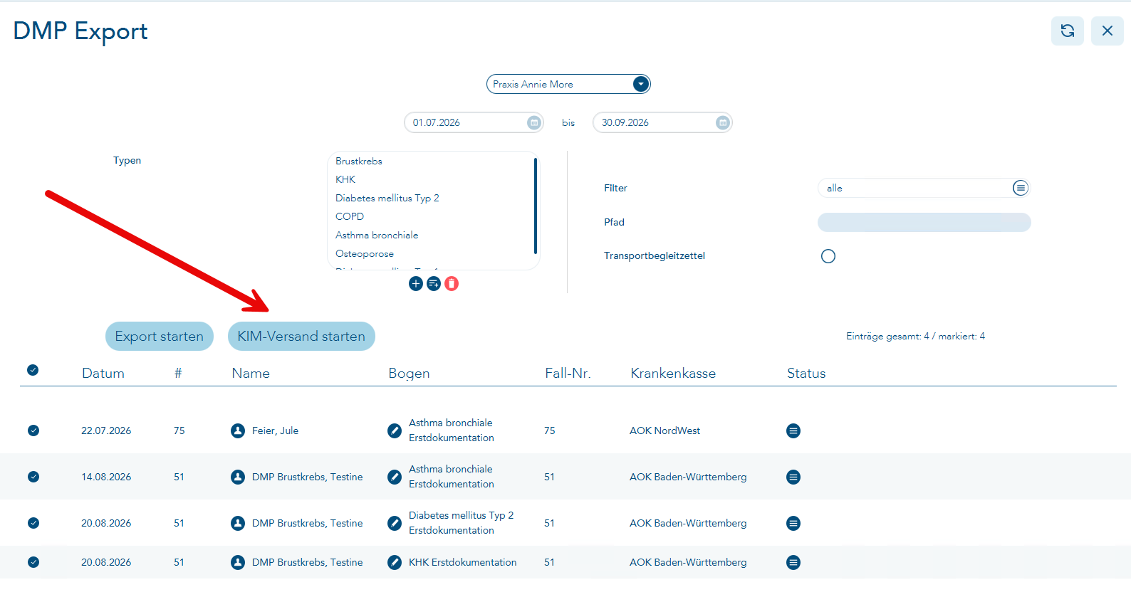 Das Bild zeigt den Vorgang DMP-Export mit den Buttons „Export starten" und „KIM-Versand starten" und ein roter Pfeil verweist auf den Button „KIM-Versand starten"