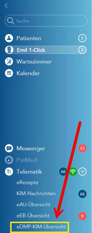 Das Bild zeigt das blaue Menü und ein roter Pfeil verweist auf den gelb umrandeten Eintrag „eDMP-KIM-Übersicht"
