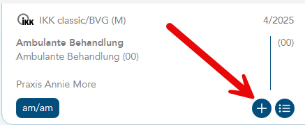 Das Bild zeigt die Falldaten des Patienten und ein roter Pfeil verweist auf das Plus-Symbol zur Aufnahme eines neuen Behandlungsfalles