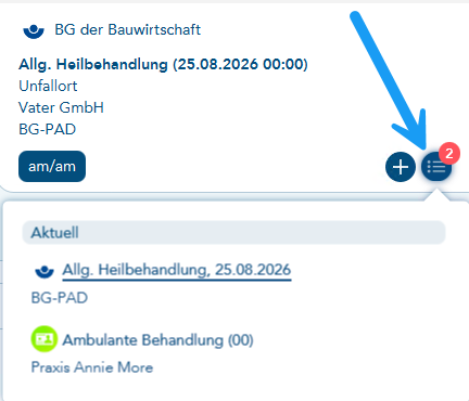 Das Bild zeigt den Patientenkopf und ein blauer Pfeil verweist auf den Button Fallauswahl in der Fallübersicht - die vorhandenen Fälle sind unterhalb geöffnet