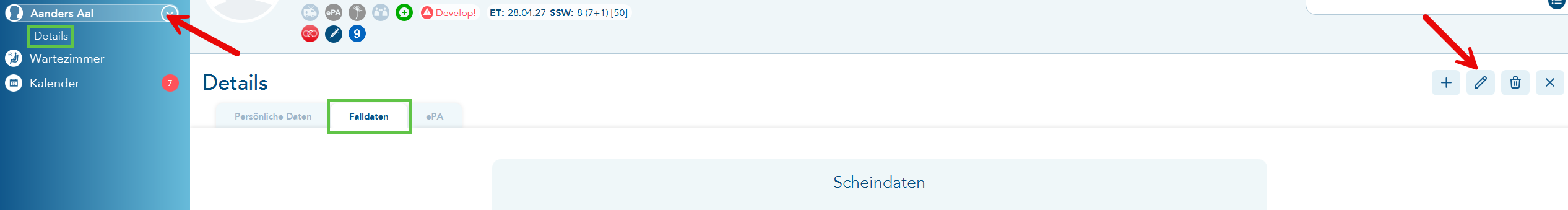 Das Bild zeigt links im Menü einen Patientennamen und ein roter Pfeil verweist auf die kleine Schaltfläche hinter dem Patientennamen. Details ist grün umrandet und die 3 Reiter sind zu sehen. Der Reiter Falldaten ist ebenfalls grün umrandet.