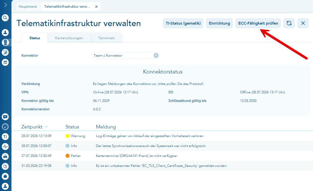 Telematikinfrastruktur verwalten und hier der Pefeil auf den Button ECC-Fähigkeit prüfen