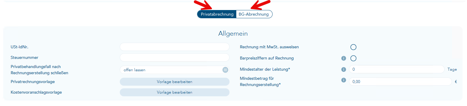 Das Bild zeigt den Bereich Allgemein im Vorgang der Abrechnungsgruppen und zwei rote Pfeile verweisen wie beschrieben auf Privatabrechnung und BG-Abrechnung 